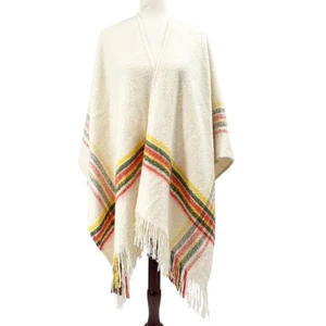 Free People ivory yellow green red striped Ruana sweater top fringe poncho OS - Picture 1 of 6