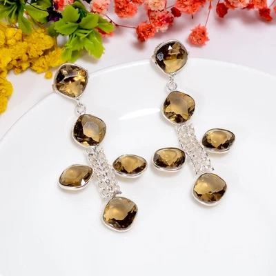 Smoky Quartz Gemstone Ethnic Handmade 925 Sterling Silver Earrings 2.3" E921 - Image 1 of 4