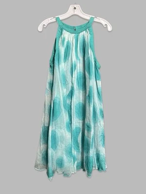 Mini vestido Y2K Catherine Malandrino círculos turquesa chiffon seda halter tamanho 12 - Imagem 1 de 4