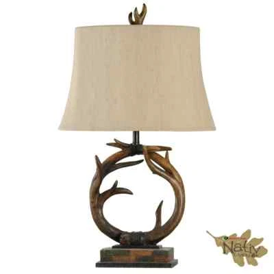 Rustic Antler Table Lamp Dark Brown Beige Shade Living Room Man Cave 30" - Image 1 of 4