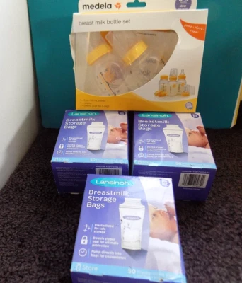 Conjunto de 2 garrafas de leite materno Medela e sacos de armazenamento Lansinoh 3 caixas completas de 50 Ech - Imagem 1 de 4