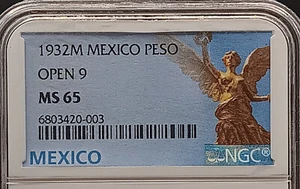 1932M Mexico Peso Open 9 MS 65 SILVER BLUE NGC HOLDER - Picture 1 of 6