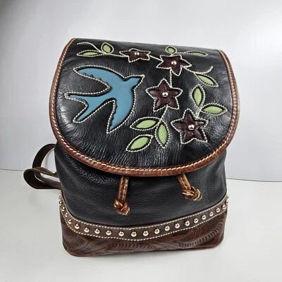 Mochila de Cuero American West Tooled Bird Floral Correas Ajustables Western Boho Foto 1 de 4