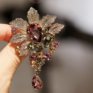 18K Coffee Gold Filled Simulated Crystal Vintage Baroque Style Leaf Fruit Brooch - Picture 1 of 8