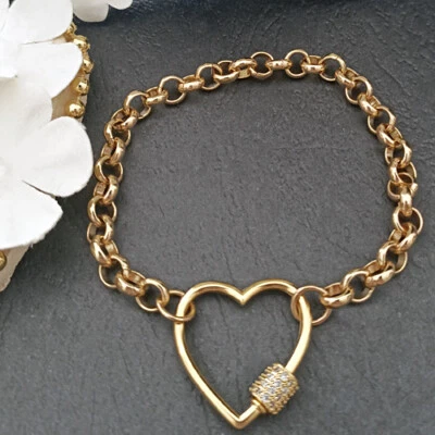 MEDALLÓN CORAZÓN 8" CIRCONITA CÚBICA Cierre BELCHER LINK 14k 14ct Oro GL Cadena Pulsera Mosquetón Foto 1 de 4