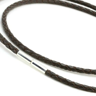 Collar de cuero trenzado marrón de 3 mm - Cierre giratorio de plata de ley 925 - Hombres/Damas Foto 1 de 4