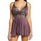 2427 New ~COQUETTE Metallic Lace Trim Babydoll Chemise & Thong XL