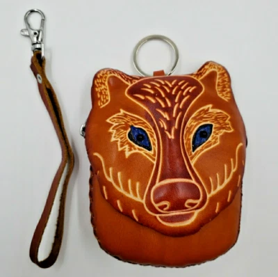 Handmade Leather Wolf Wristlet Wallet Blue Eyes Woodland Animal Coin Pouch Gift - Image 1 of 4