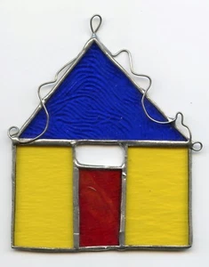 TINY HOUSE Suncatcher/Wall Art, Royal Blue/Red/Yellow, One-of-a-Kind Original - Picture 1 of 2