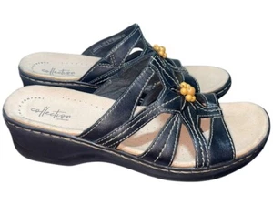 Clarks Collection Sandals Womens Sz 10M Black Leather Slide Beaded Wedge Heel - Picture 1 of 8