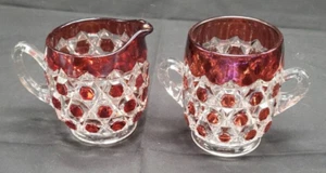 EAPG Ruby Stain Red Dot Pattern Footed Creamer and Sugar Bowl with Handles - Picture 1 of 12