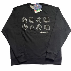 New Men Champion Powerblend Fleece Crew Neck Sweatshirt Block Logo Black size L - Picture 1 of 14