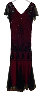 NEW Women’s XS Gown Beaded Black With Red Underlay Train Cap Sleeve - Picture 1 of 5