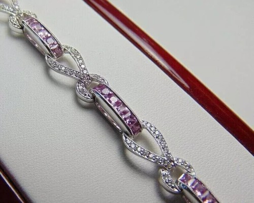 VALENTINO Bracciale Tennis 8Ct Principesse Laboratorio Creato Zaffiro Rosa 14K Finitura Oro Bianco 7"