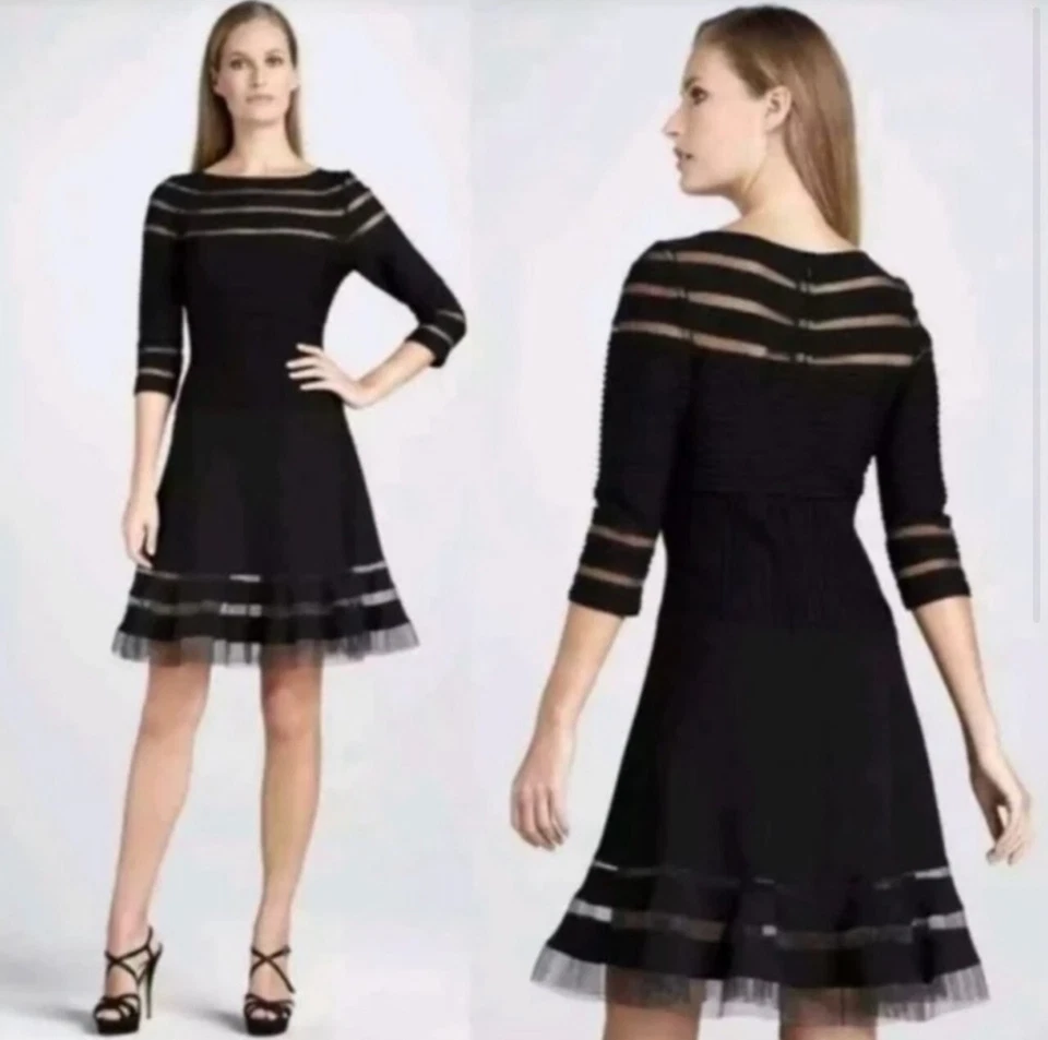 Vestido TADASHI SHOJI Black Illusion listra de malha transparente plissado fit & flare XL = 16 - Imagem 1 de 4