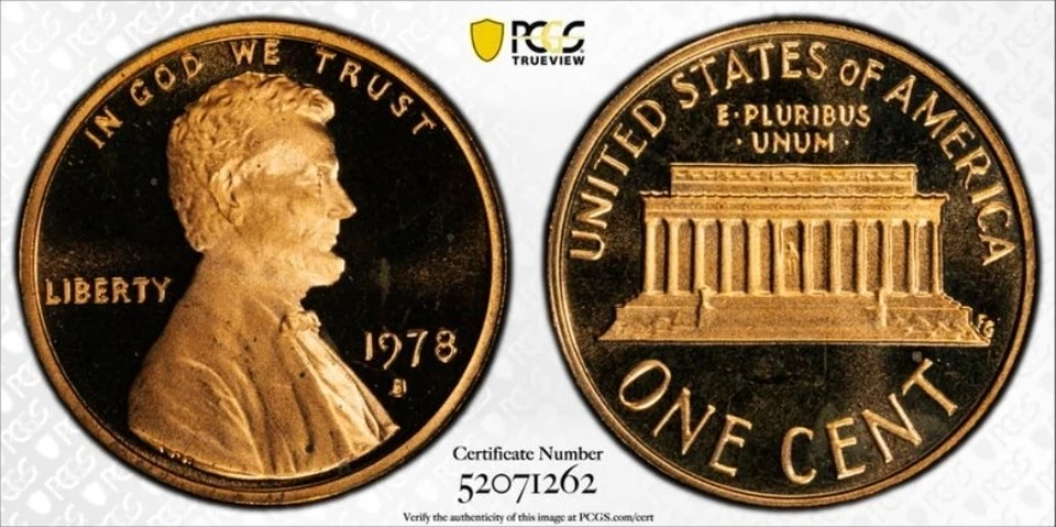 1978 S 1C LINCOLN MEMORIAL CENT PENNY PCGS PR69RD DCAM w/ Gold Shield &TrueView - Image 1 of 1