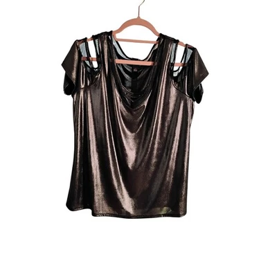 Rock & Republic XL Metálico Negro Hombro Frío Top Malla Capucha Cuello Foto 1 de 4