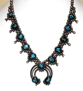 Sterling Silver & Turquoise Squash Blossom Necklace EXCELLENT - Picture 1 of 9