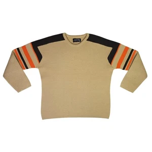Vintage Demetre Mens Tan Crew Neck Ski Sweater Striped Pullover Knitwear - Picture 1 of 12