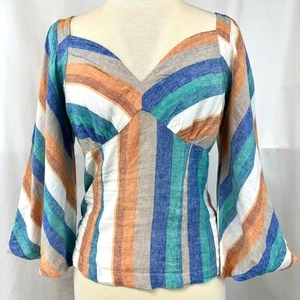 NEW YORK & COMPANY Babydoll Oberteil Regenbogen Leinen gestreift Damen XS Retro Bohemian - Bild 1 von 7