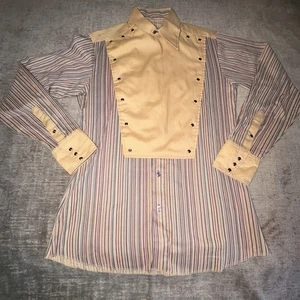 Vintage Western Trends Panhandle Slim Bib Shirt MEDIUM Blue Stripes Tan 1970’s - Picture 1 of 13