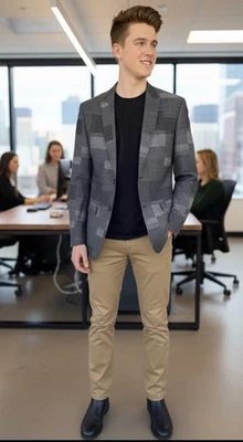 John Varvatos Luxe Patchwork Blazer Men 42R Gray Linen Wool Preppy Sport Coat - Image 1 of 4