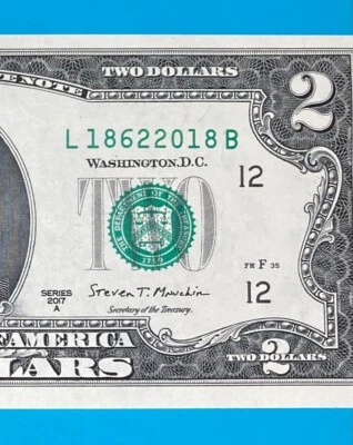L 1862 2018 B : TRAILING YEAR 2018 $2 Two Dollar Bill Serial Number *UNC* - Image 1 of 3