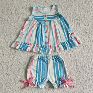 Girls Colorful Stripe Pocket Tunic Shorts Set 2pcs Summer Outfit - Picture 1 of 1