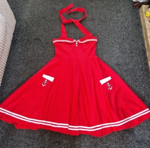 Hell Bunny Vixen XL Red Dress Halterneck Fit Flare 50s Swing 100% Cotton - Picture 1 of 10