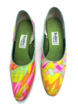 Zapatos de salón de colección años 60/70 Wild Mod patrón psicodélico seda tacones bajos sin cordones 7,5 M Foto 1 de 4