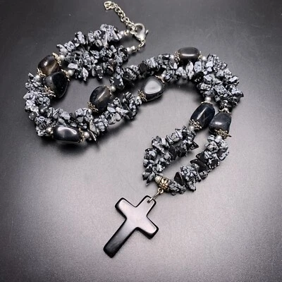 雪花黑曜石十字架吊坠项链宝石芯片基督教银色 — 第 1/4 张图片