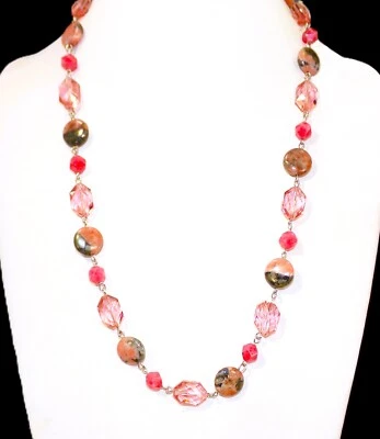 Collar de cuentas rosa con cuentas de vidrio rosa, cuentas de piedra de rodonita y ágata NUEVO Foto 1 de 4