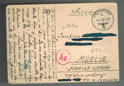 1942 Alemania División Azul Soldado Frente Ruso Segunda Guerra Mundial Feldpost Cubierta a España Foto 1 de 2