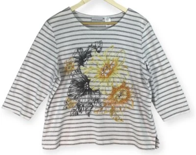 Alfred Dunner Top Women's PL Silver Gray/White Blingy Yellow Floral 3/4 Sleeve - Image 1 of 4