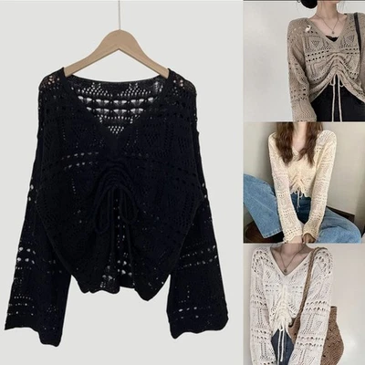 Casual Crochet Knit Crop Top Long Sleeve V Neck Hot Pullover for Spring - Image 1 of 4