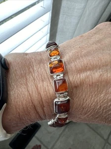 Vintage 16,7 g Gliederarmband STERLING SILBER 925 Baltischer Bernstein Schicht stapelbar 7" - Bild 1 von 6
