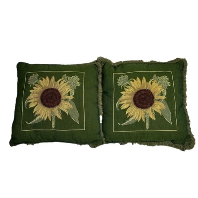 Sunflower Pillow Set Of 2 Newport Fringe Pillows 17” Green Floral Garden - Image 1 of 4