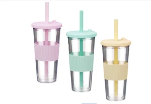 Drink Coffee Cup With Straw Double Wall Soda Ice Cream Plastic Tea Mug 700ml - Picture 1 of 7