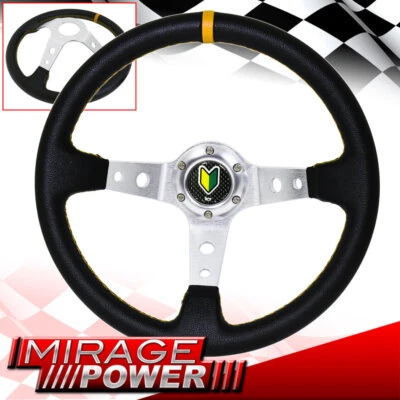 350mm Universal Deep Dish Pvc Leather Steering Wheel Yellow Stitching New Leaf - Изображение 1 из 4