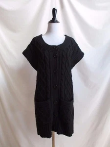 ANA Size M Black Cable Knit Button Front Sweater Tunic/Dress Short Sleeve  - Picture 1 of 7