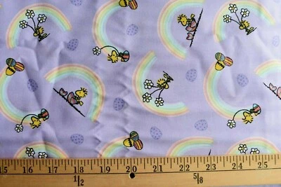 PEANUTS WOODSTOCK & RAINBOWS EGG PRINT  PURPLE 100% COTTON FABRIC  29x43 INCHES - Image 1 of 3