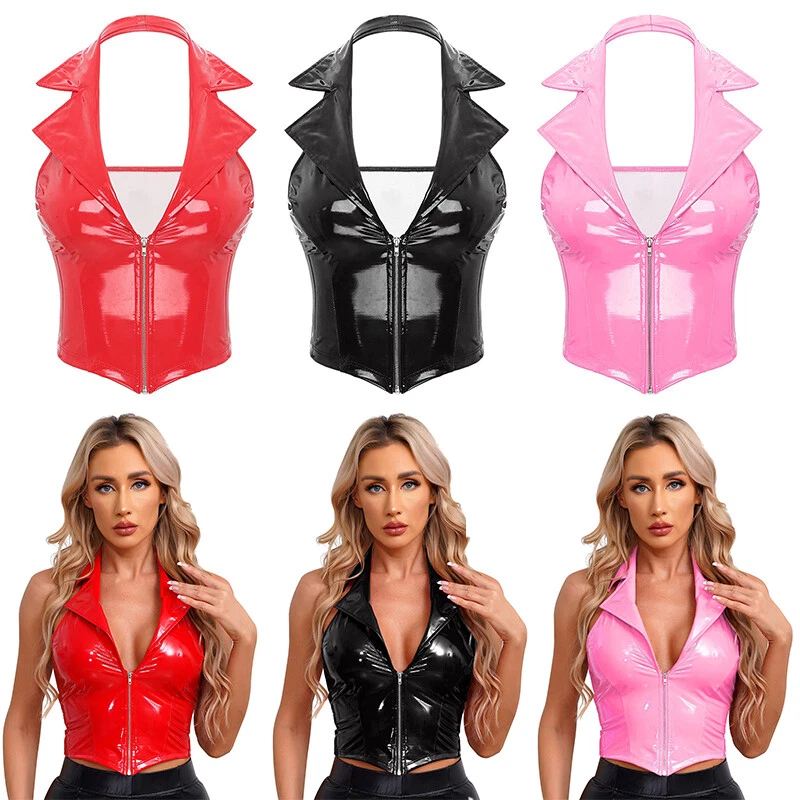 Womens Vest Front Zipper Waistcoat Cosplay Crop Tops Shiny Clubwear Lapel Sexy - Image 1 of 4