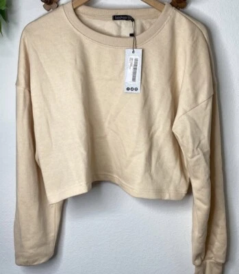NWT BooHoo cream/tan Basic Cropped Crewneck Sweater size 10 - Image 1 of 4
