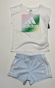 ADIDAS Girl`s 2pc Athletic Set= White T Shirt & Blue Shorts-Size 2T NEW $36 - Picture 1 of 2