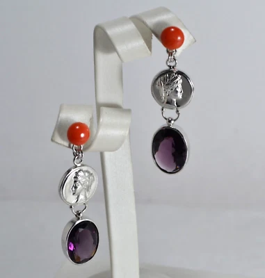 ORECCHINI IN ARGENTO 925 BOTTONI CORALLO E OVALE AMETISTA  IDRITERMALE AGHT 0959 - Immagine 1 di 3