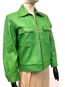 St. John Sport by Marie Gray Green Leather Jacket Size S- Zip Front Logo Button - Picture 1 of 14