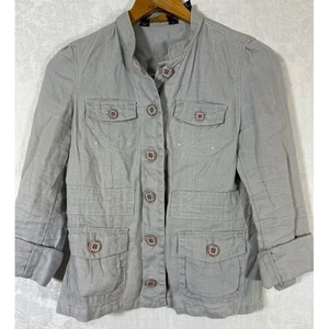 Eddie Bauer Jacket Small PETITE Gray 100% Linen Casual Patch Pockets Boxy - Picture 1 of 14
