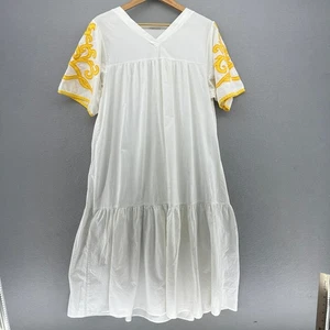 VTG Swing White Midi Dress Embroidered Sleeve V Neck Short Sleeve SZ XL Cotton - Picture 1 of 7