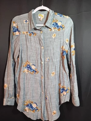 Top Fig & Flower Anthropologie M Azul Bordado Floral Manga Larga Con Botones Foto 1 de 4