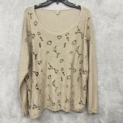 J Jill Women Sweater Beige Extra Large Linen Pullover Floral Cut Out Lightweight - Image 1 of 4